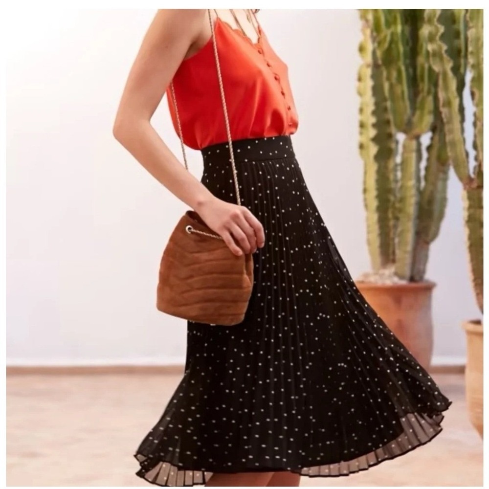 Sezane Dino Pleated Midi Skirt Women Sz 4 Black White Polka Dot
